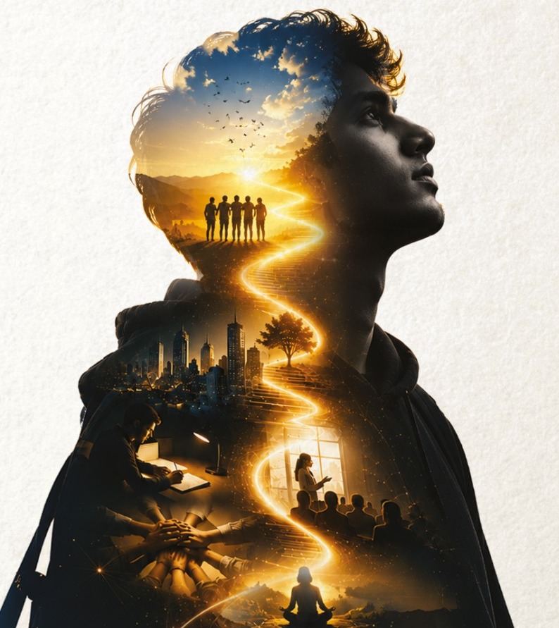 Silhouette of a young seeker filled with scenes of life and growth
